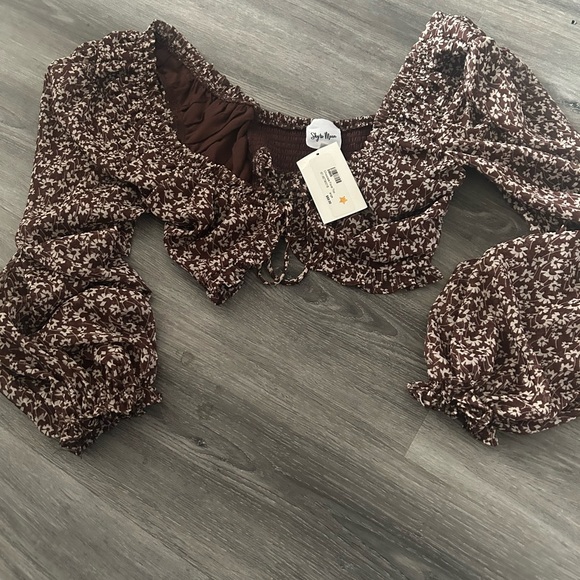 Floral Brown Puff Sleeve Top - Picture 3 of 5